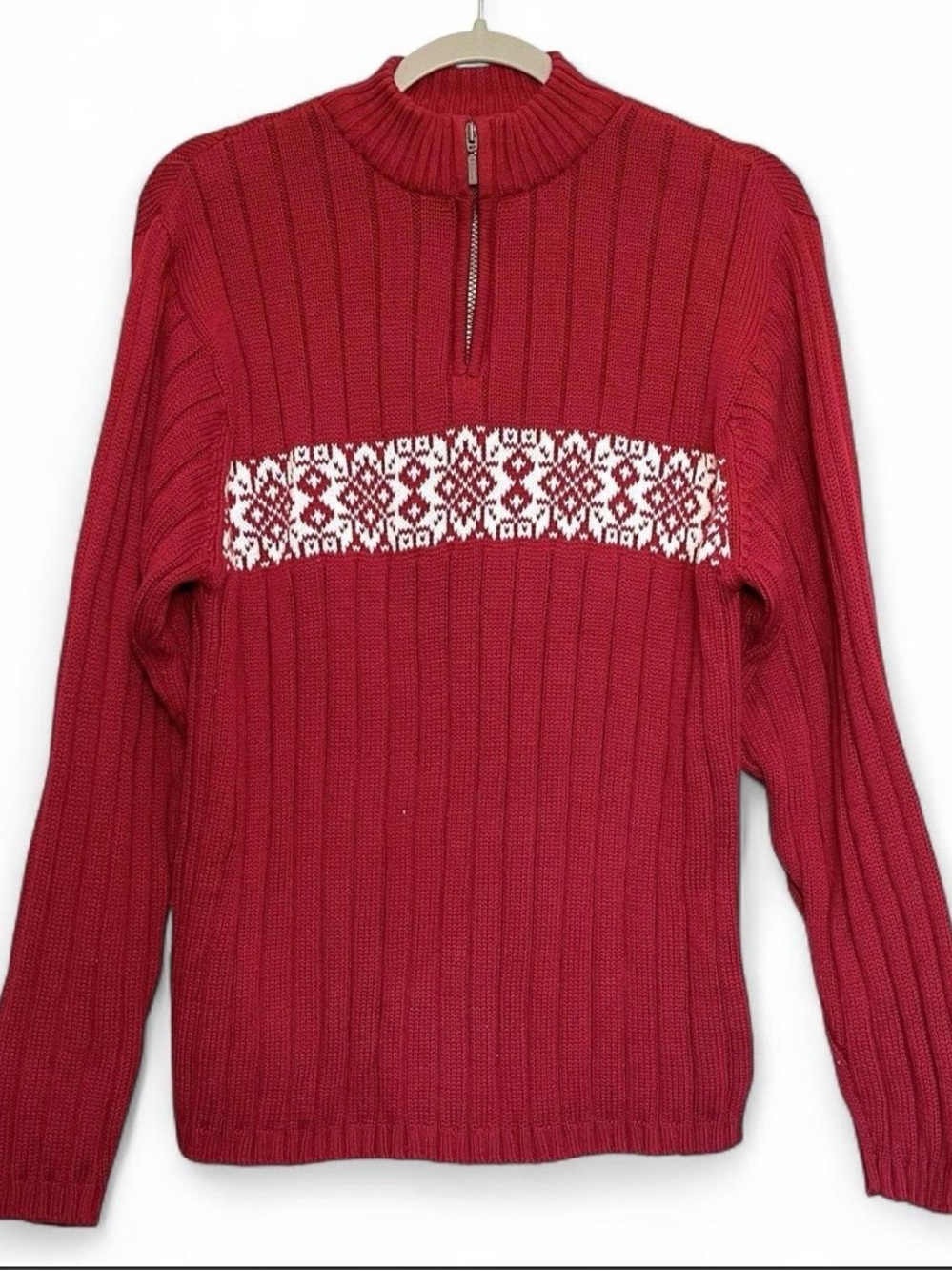 VTG Lands End Red Cotton Nordic Fair Isle Snowflake 1/4 Zip Sweater XL Holiday